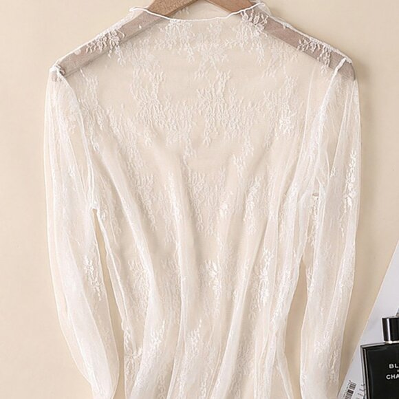Sunset and Shores Tops - H-11 Long Sleeve Mesh Lace Top, White
